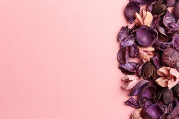 Frame made of purple and pink dry flowers, branches, leaves and petals on pastel pink background. Colorful background image. Top view. Flat lay. Copy space. Art concept. Color trends 2020