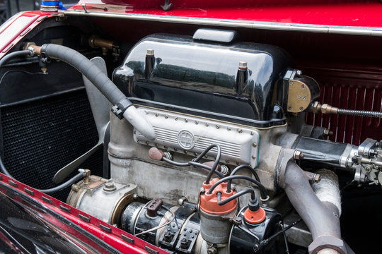 Fobello, Italy - September 03, 2016: Detail of the engine of a classic car, Lancia Lambda model, that was produced from 1923 to 1931.