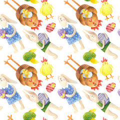 seamless pattern with hens, easter hares, chickens, colored eggs