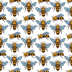 Vector seamless pattern with bees. Black and yellow texture