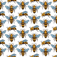 Vector seamless pattern with bees. Black and yellow texture