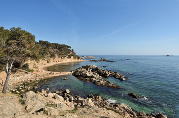 Fototapeta na wymiar Cala Estreta beach and Formigues island, Palamos, Costa Brava, Girona province, Catalonia, Spain