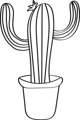 Cactus is drawn in black doodle style. Coloring book children`s flora, beautiful vector drawing.
