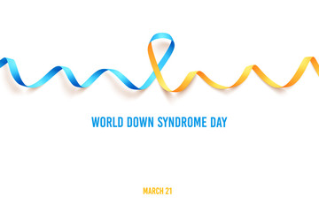Blue yellow ribbon over white background. Template symbol for World down syndrome day. Poster for March 21. Vector illustration.