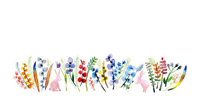 Happy easter. Watercolor Cute hand drawn easter horizontal illustration, colorful spring background with bunnies, flowers. Great for textiles, banners, wallpapers, cards. Aquarelle border