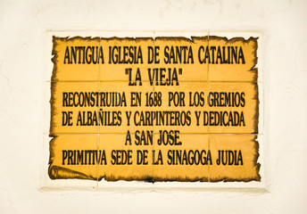 Signboard of an old church in Zafra, Badajoz, Spain.