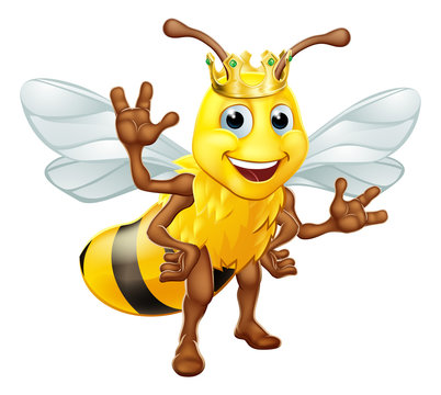 A queen or king bumble bee cartoon character in a gold crown standing and waving