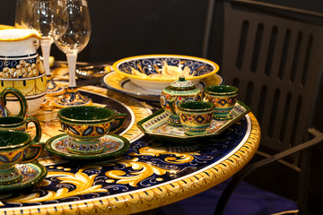 Yellow folk style high quality tableware set.  