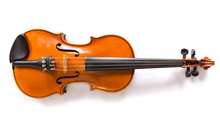 Fototapeta na wymiar Alte schöne bespielte Geige / Violine - liegend mit weißem Hintergrund und Schatten