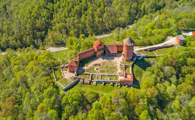 Beautiful aerial view of medieval Turaida castle at Gauja river valley, Sigulda, Latvia