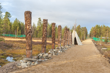 alley of the gods, Sami, saami village on the Kola Peninsula, Russia. Tourist ethnographic parking....