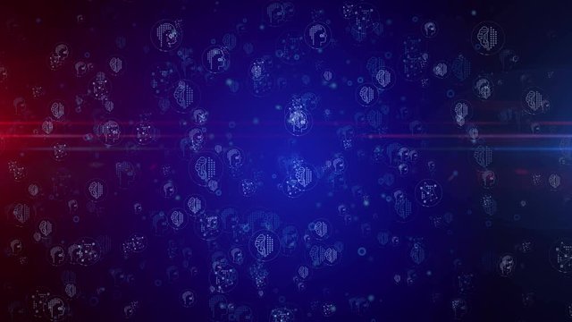 Artificial intelligence, neural network computer, cybernetic brain and deep machine learning symbols seamless and loopable digital background. Abstract bubble icons concept animation 3d rendering.