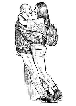 Sketch of young people in love hugging on city street