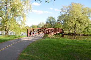 Fototapeta na wymiar willow trees and river and bridge and path