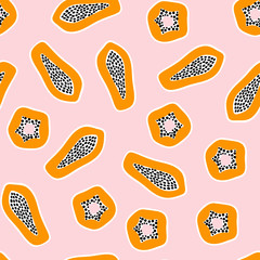 Seamless pattern with cut raw papaya on pink background. Simple hand drawn fruit. Vector illustration.