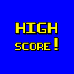 A catchy and cute 8-bit style screen, with the words High Score (a possible outcome of playing a videogame). Yellow characters over a blue background.