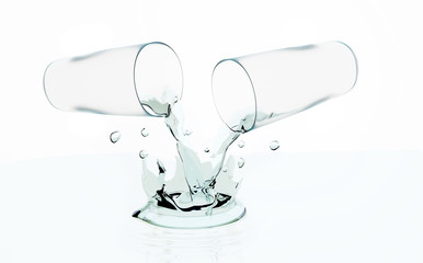 The glass is transparent. Water in a glass pours, splashes of water, drops. 3D-rendering