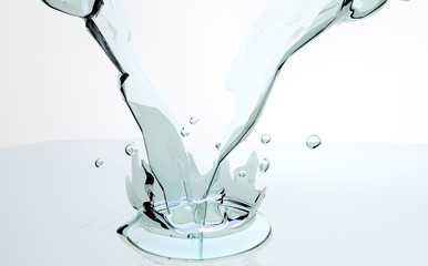 Water, water surface, spray, pouring, circles on the water. 3D-rendering