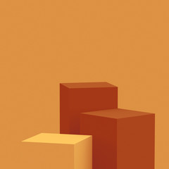 3d orange brown cubes square podium minimal studio background. Abstract 3d geometric shape object illustration render. Display for cosmetic perfume fashion product. Natural color tones.