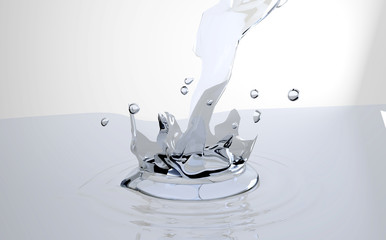Water, water surface, spray, pouring, circles on the water. 3D-rendering