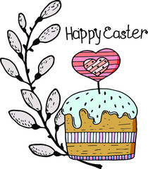 Ready-made design for Easter cards, posters, decoupage, things. Cake with a sprig of willow. Drawing in a vector by hand.
