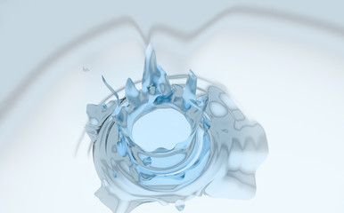 Water, water surface, spray, pouring, circles on the water. 3D-rendering