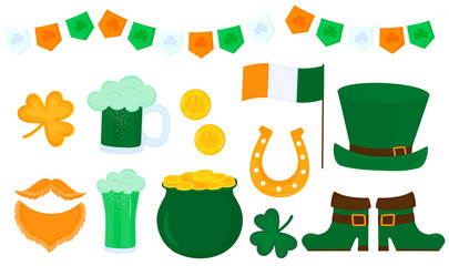 St.Patrick 's Day. Green hat, a pot of gold coins, shamrock, horseshoe, Irish flag. A set of clipart for serving banners, cards, invitations.
