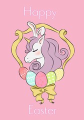 Easter unicorn with bunny ears and easter eggs