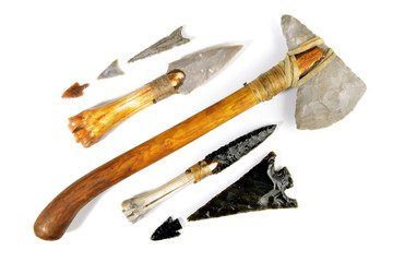 Stone Age Tools on white Background - Stone Age Axe, Knives and Arrows