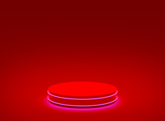 3d red neon light cylinder podium minimal studio red dark background. Abstract 3d geometric shape object illustration render. Display for christmas holiday product.