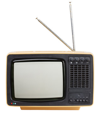 Retro old portable TV set isolated on white