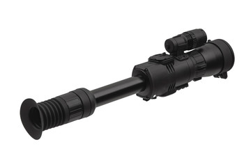 modern black optical scope for weapon isolated on whited. sight scope isolated on white back.