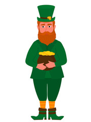 Happy St.Patrick 's Day banner. Funny red leprechaun in a hat with a shamrock holds a pot of gold coins