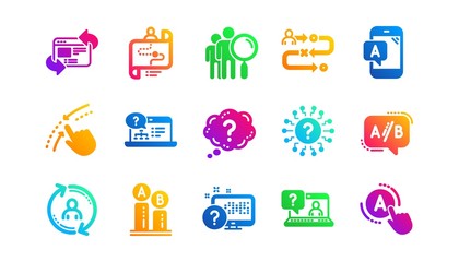 AB testing, Journey path map and Question mark. UX icons. Quiz test classic icon set. Gradient patterns. Quality signs set. Vector
