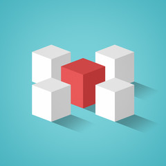 Obraz premium Red cube in the middle of four smaller white cubes on a turquoise background with shadows. Concept image of leadership, organization, teamwork and management. Flat design, isometric projection.