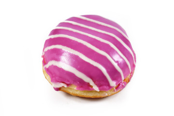  'Berliner Pfannkuchen', a traditional German dessert similar to doughnut with no hole, made from sweet yeast dough fried with pink strawberry glazing