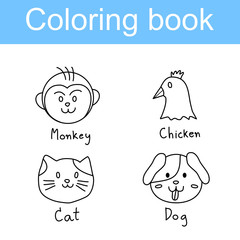 coloring page for kid , animal vector monkey chicken cat and dog