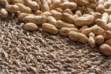 Peanuts on a wicker surface