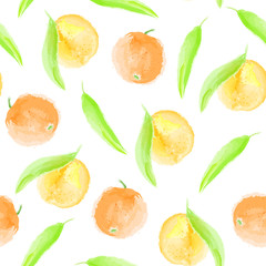 Tropical seamless pattern with grapefruit, mandarin or orange, imitation of watercolor, hand drawing. Fruit texture. Vector vibrant citrus print for fabric or wallpaper.