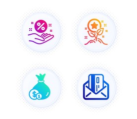 Cash, Loyalty points and Loan percent icons simple set. Button with halftone dots. Credit card sign. Banking currency, Bonus grows, Discount hand. Mail. Finance set. Gradient flat cash icon. Vector