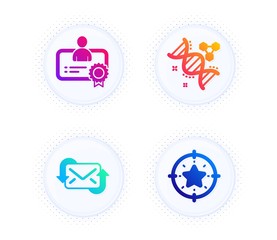 Certificate, Refresh mail and Chemistry dna icons simple set. Button with halftone dots. Star target sign. Best employee, New e-mail, Chemical formula. Winner award. Education set. Vector