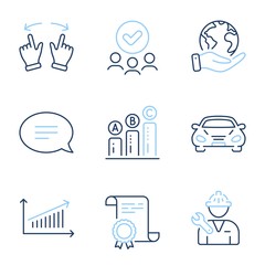 Chat, Graph chart and Car line icons set. Diploma certificate, save planet, group of people. Repairman, Chart and Move gesture signs. Speech bubble, Growth report, Transport. Repair service. Vector