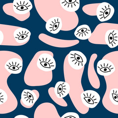 Girly abstract seamless pattern. Modern print with organic shapes and eye drawn by hand. Doodle, sketch. Vector illustration.