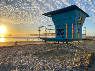 Lifeguard tower on the Coronado Beach during sunset time. San Diego, California, USA.