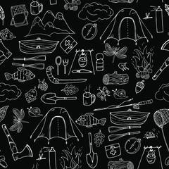 camping, hiking, fishing, forest camp seamless pattern. Hand drawing, sketch, outline. Tent, boat, ax, saw, fishing rod, bonfire, first aid kit.