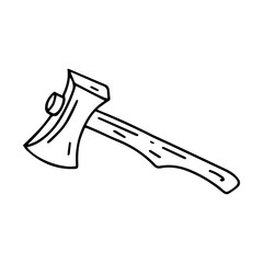 Metal ax with a wooden handle. Doodle style. Black and white vector illustration. The element is hand-drawn and isolated on a white background. Camping Travel Equipment