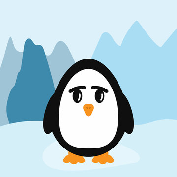 Funny little penguin on background of icy mountains. Flat vector illustration.