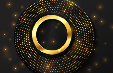 Abstract luxury background with gold circle shape and golden glitter particles. Elegant background wallpaper template