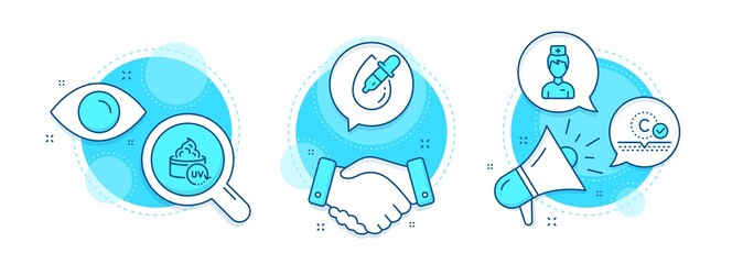 Collagen skin, Eye drops and Uv protection line icons set. Handshake deal, research and promotion complex icons. Doctor sign. Skin care, Pipette, Medicine person. Healthcare set. Vector