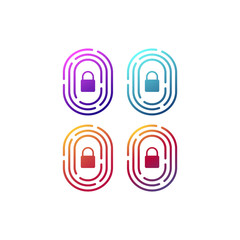 Fingerprint biometric identity icon with padlock. Safe and secure identification concept vector sign.